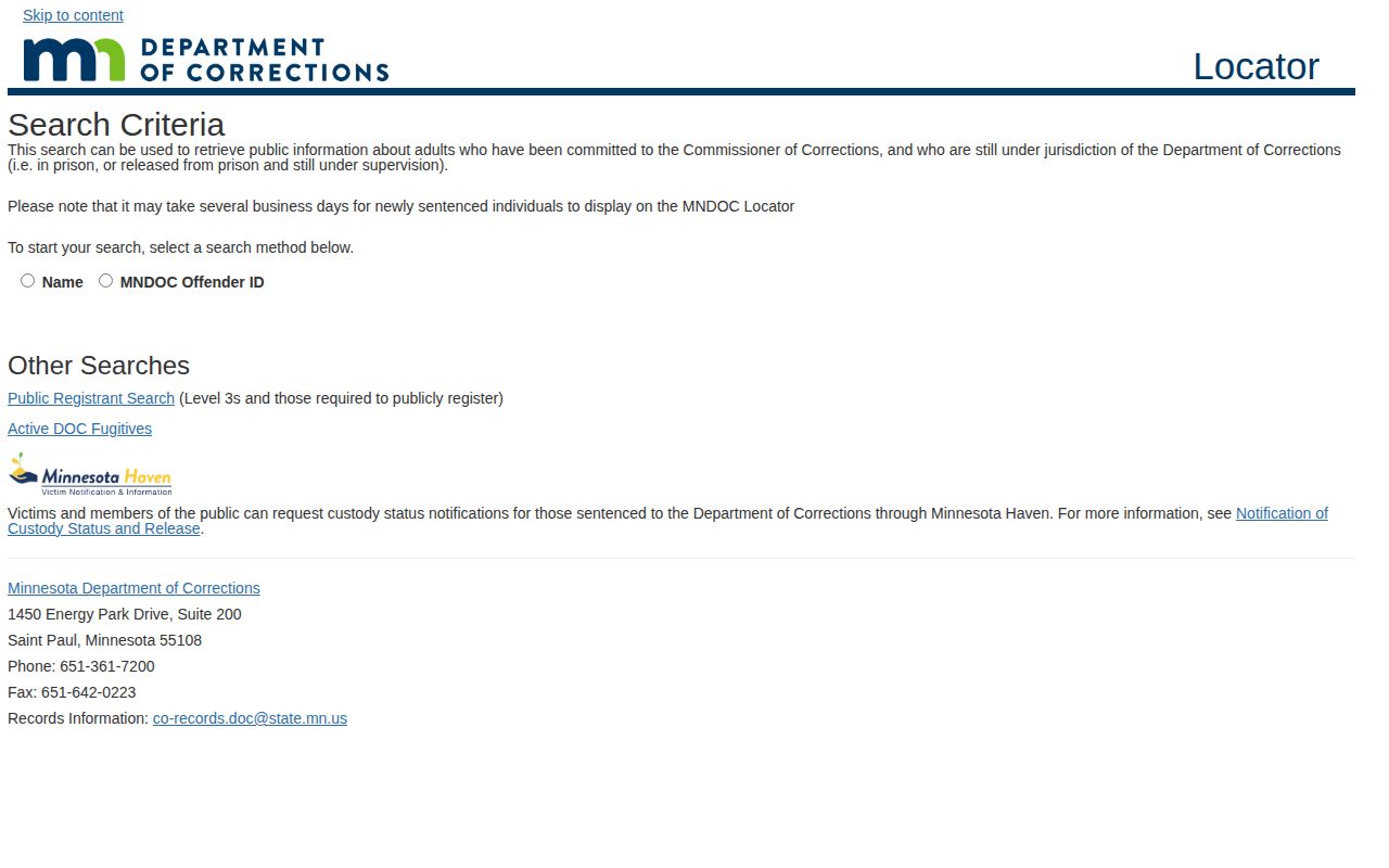 Minnesota Department of Corrections locator for Anoka County state-custody records