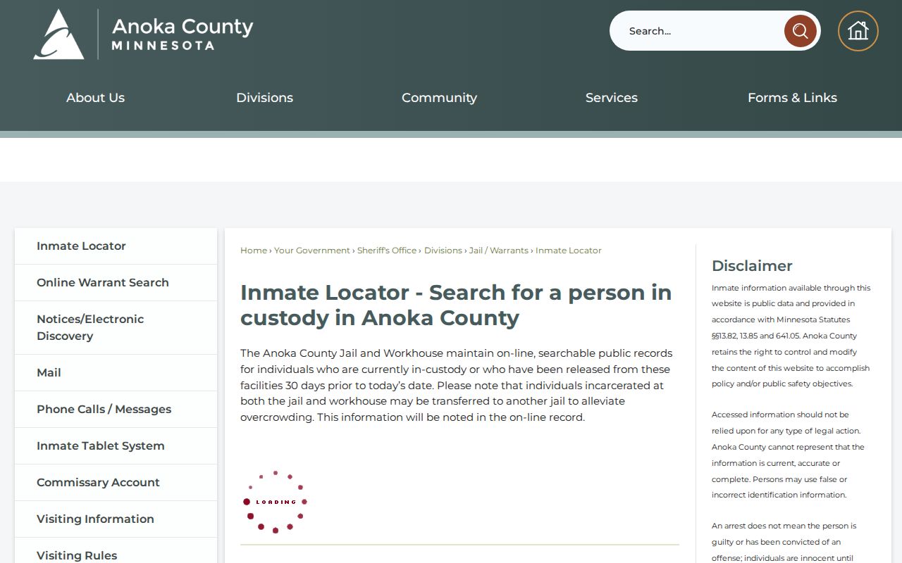 Anoka County official inmate locator for current custody and recent release records