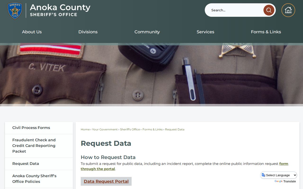Anoka County sheriff public data request information for booking records