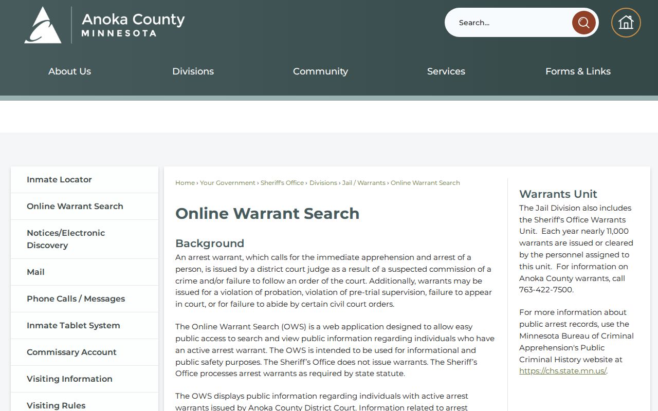 Anoka County official active warrant search record interface