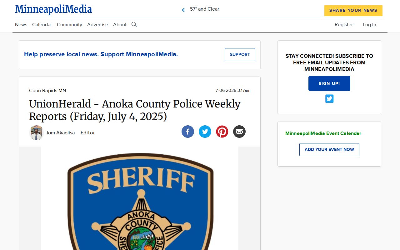 Coon Rapids Union Herald weekly police report for Anoka County arrest news